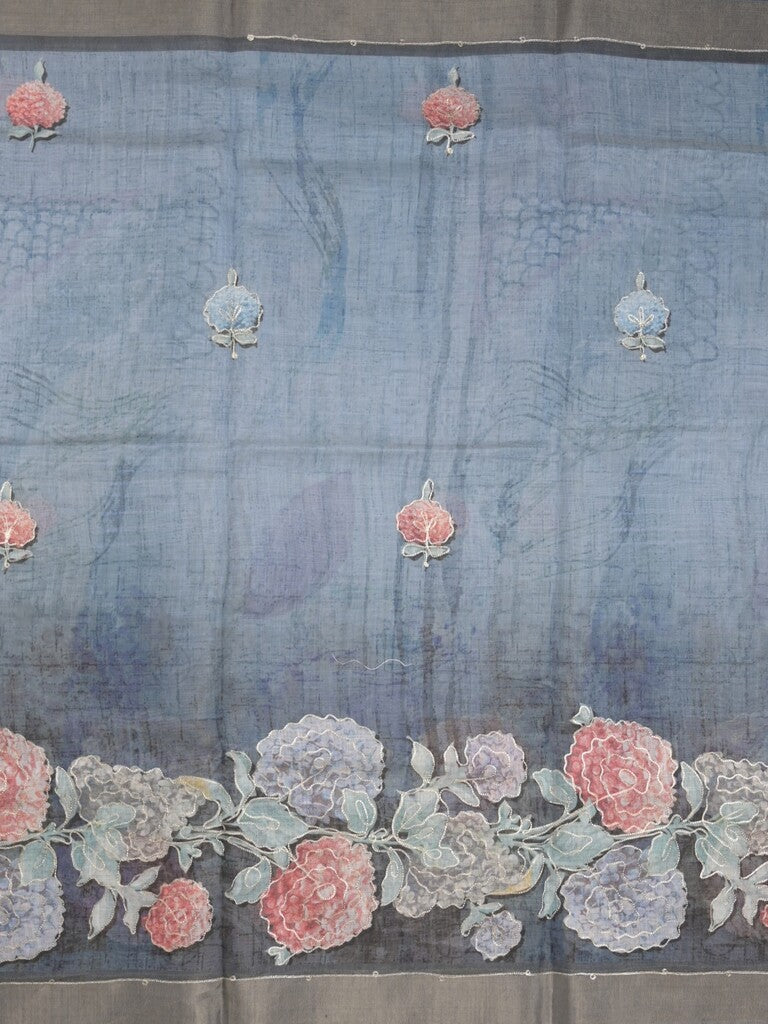 Lenin tissue fancy saree bluish grey color allover plain & printed, embroidered border with printed pallu and plain self blouse