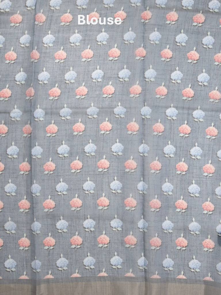 Lenin tissue fancy saree bluish grey color allover plain & printed, embroidered border with printed pallu and plain self blouse