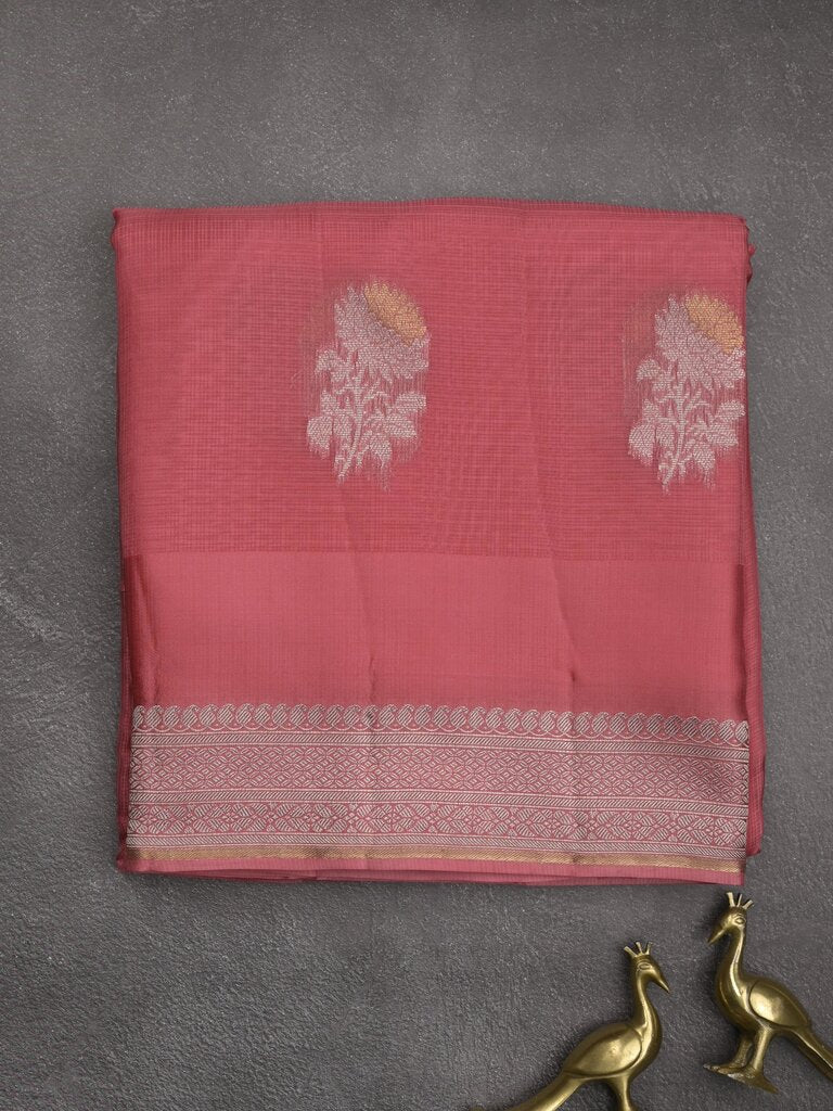 Pure kota fancy saree allover zari motifs & zari border with attached self blouse