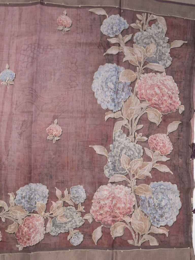 Lenin tissue fancy saree brownish pink color allover plain & printed, embroidered border with printed pallu and plain self blouse