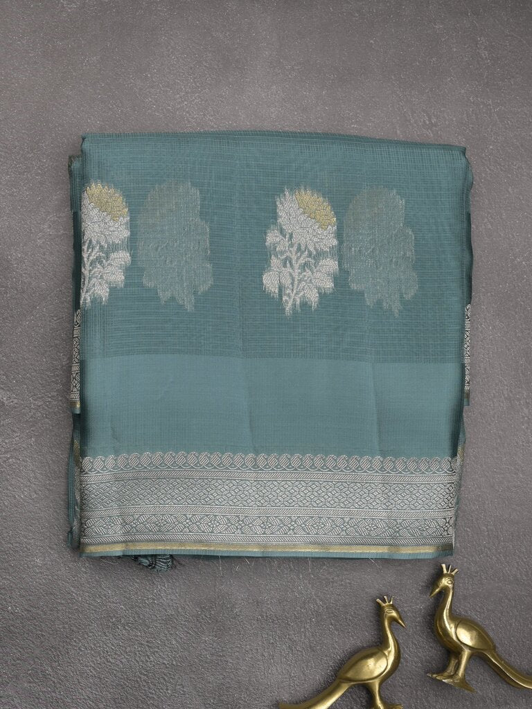 Pure kota fancy saree allover zari motifs & zari border with attached self blouse