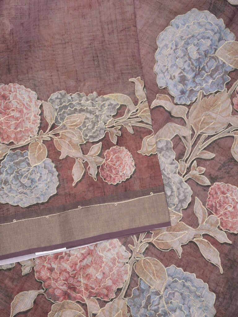 Lenin tissue fancy saree brownish pink color allover plain & printed, embroidered border with printed pallu and plain self blouse