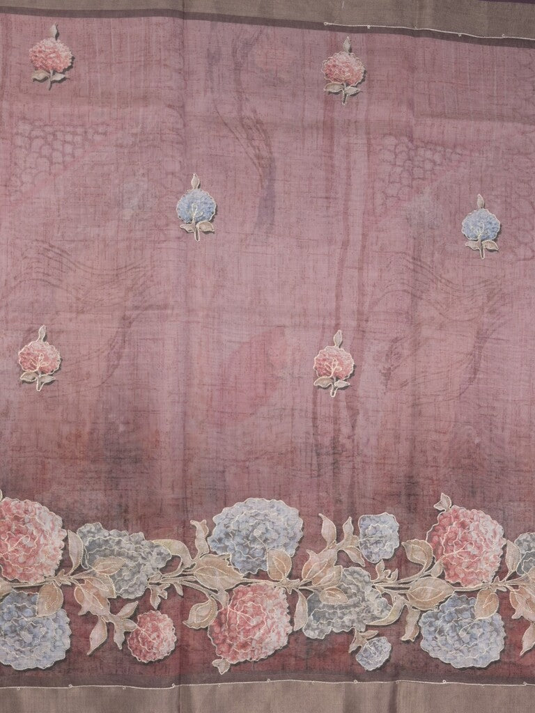 Lenin tissue fancy saree brownish pink color allover plain & printed, embroidered border with printed pallu and plain self blouse