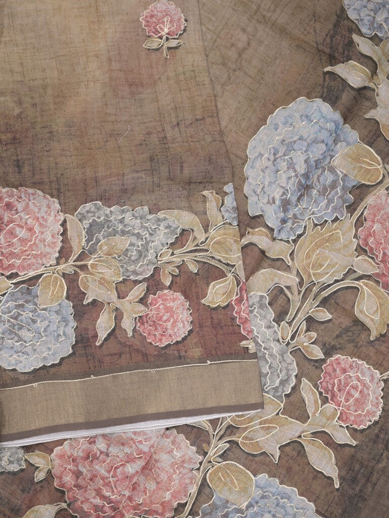 Lenin tissue fancy saree light snuff color allover plain & printed, embroidered border with printed pallu and plain self blouse