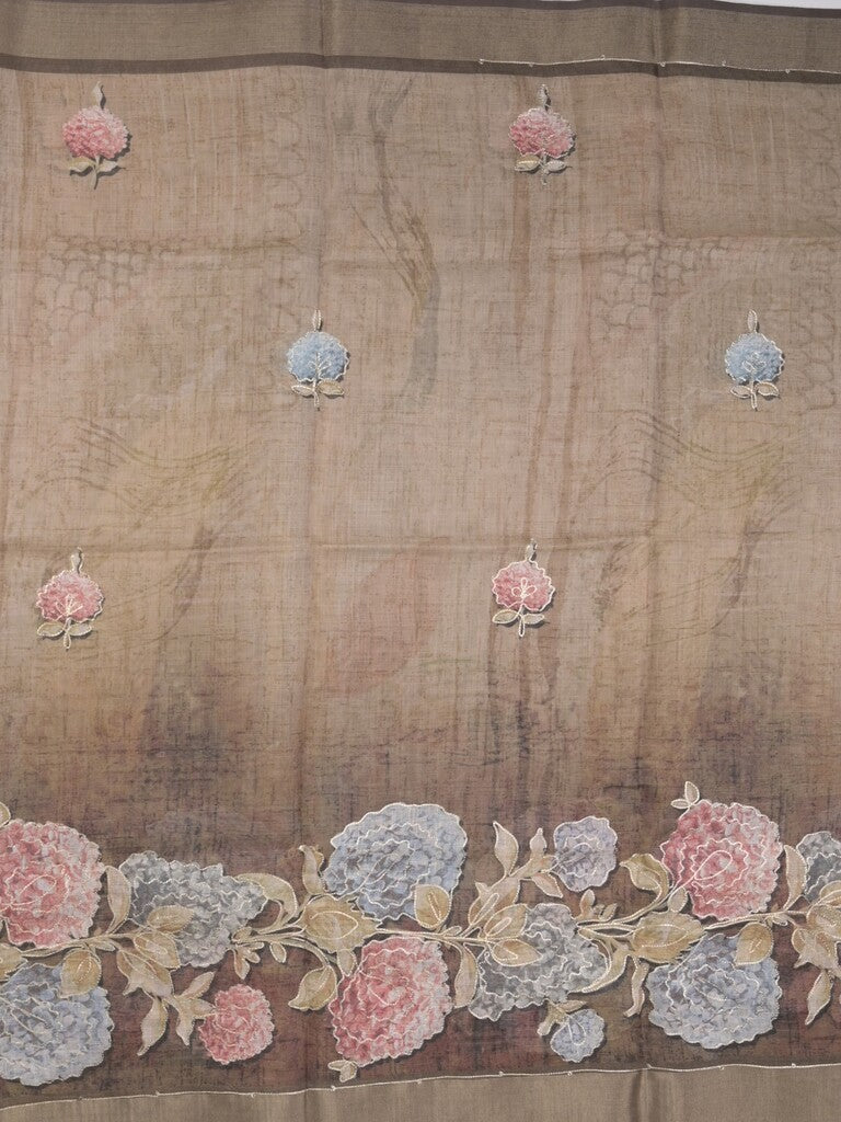 Lenin tissue fancy saree light snuff color allover plain & printed, embroidered border with printed pallu and plain self blouse