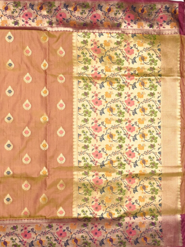 Dupion fancy saree brown color allover zari motifs & zari border with rich pallu and attached self blouse