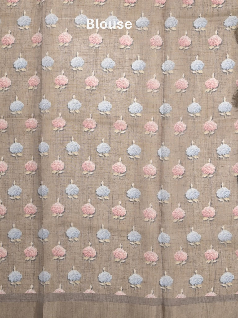 Lenin tissue fancy saree light snuff color allover plain & printed, embroidered border with printed pallu and plain self blouse