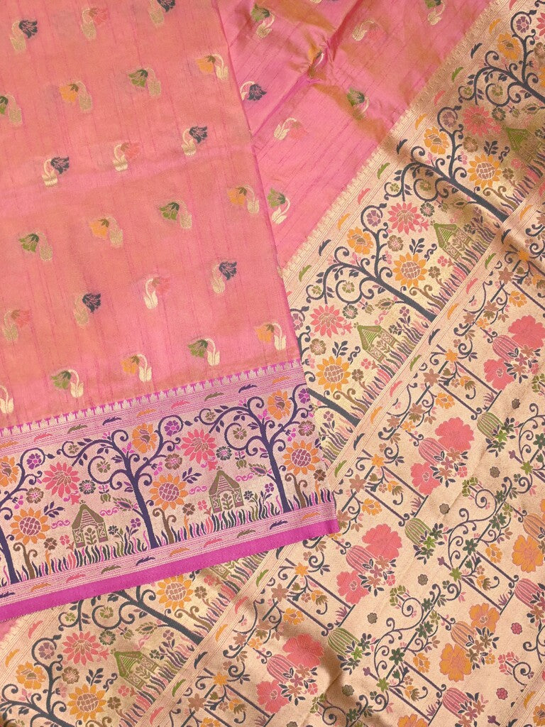 Dupion fancy saree rose pink color allover zari motifs & zari border with rich pallu and attached self blouse