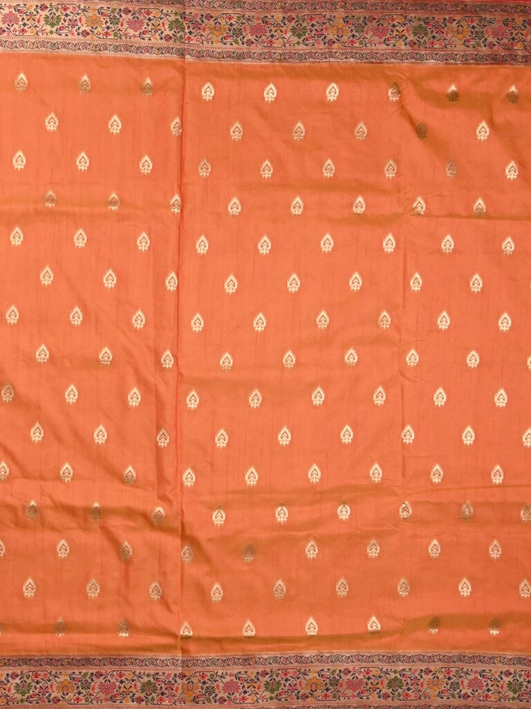 Dupion fancy saree orange color allover zari motifs & zari border with rich pallu and attached self blouse