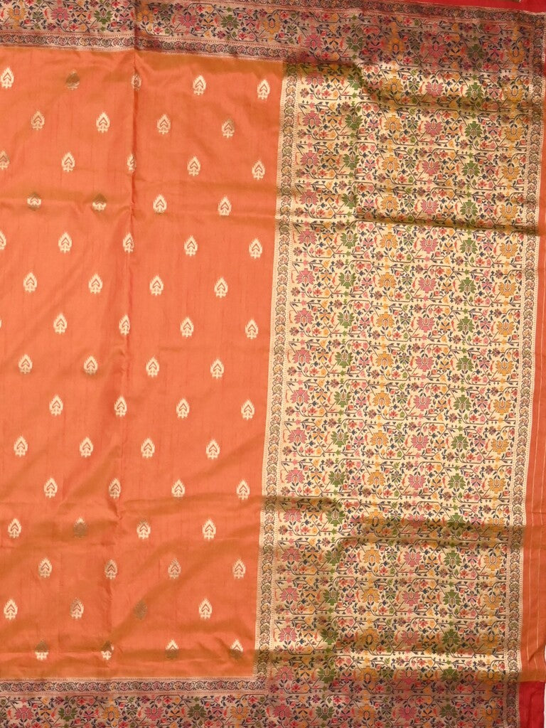 Dupion fancy saree orange color allover zari motifs & zari border with rich pallu and attached self blouse