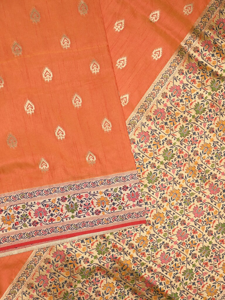 Dupion fancy saree orange color allover zari motifs & zari border with rich pallu and attached self blouse