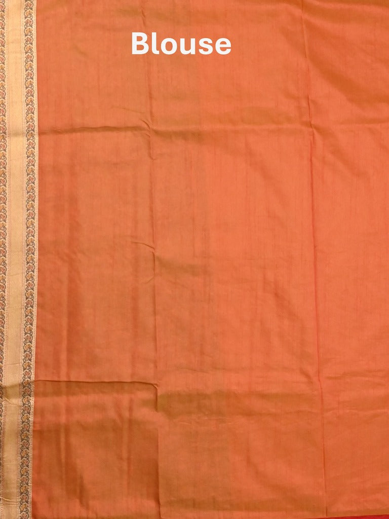 Dupion fancy saree orange color allover zari motifs & zari border with rich pallu and attached self blouse