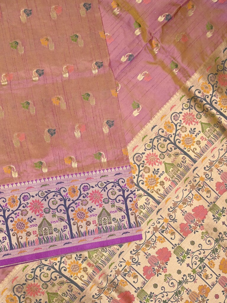 Dupion fancy saree pinkish purple color allover zari motifs & zari border with rich pallu and attached self blouse