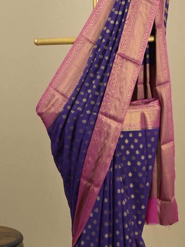 Georgette fancy saree navy blue color allover zari motifs & zari border with rich pallu and attached plain blouse