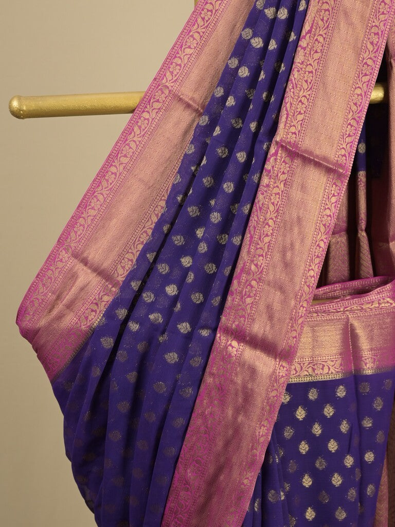 Georgette fancy saree navy blue color allover zari motifs & zari border with rich pallu and attached plain blouse