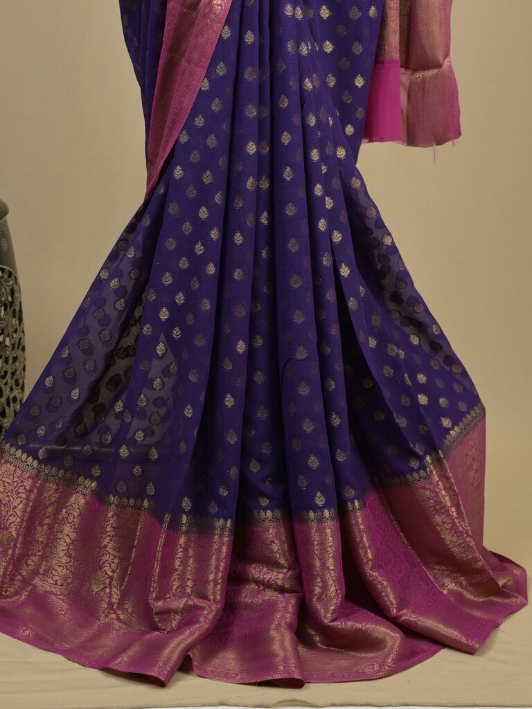 Georgette fancy saree navy blue color allover zari motifs & zari border with rich pallu and attached plain blouse