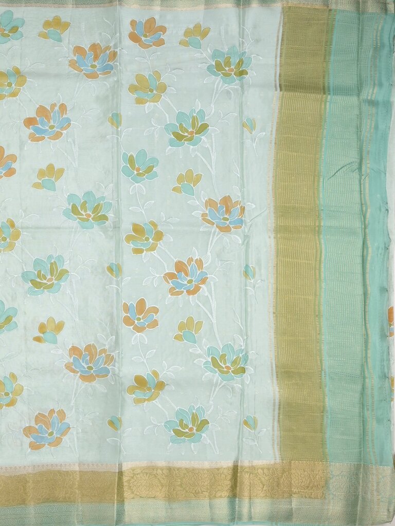 Dupion fancy floral printed saree with zari border and attached plain blouse