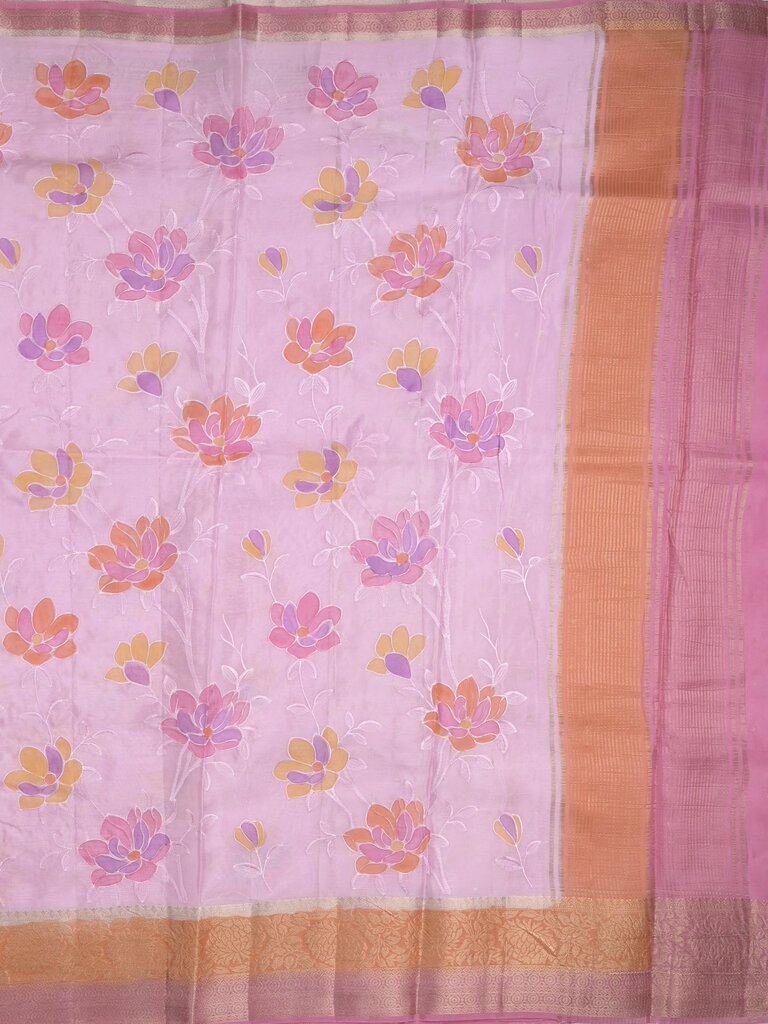 Dupion fancy floral printed saree with zari border and attached plain blouse