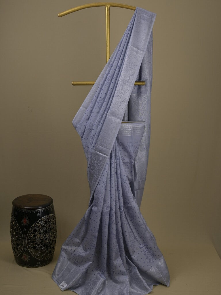 Mangalagiri fancy saree grey color allover prints & zari border with rich pallu and plain blouse