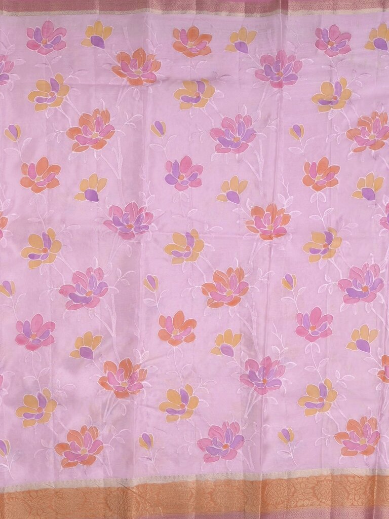 Dupion fancy floral printed saree with zari border and attached plain blouse