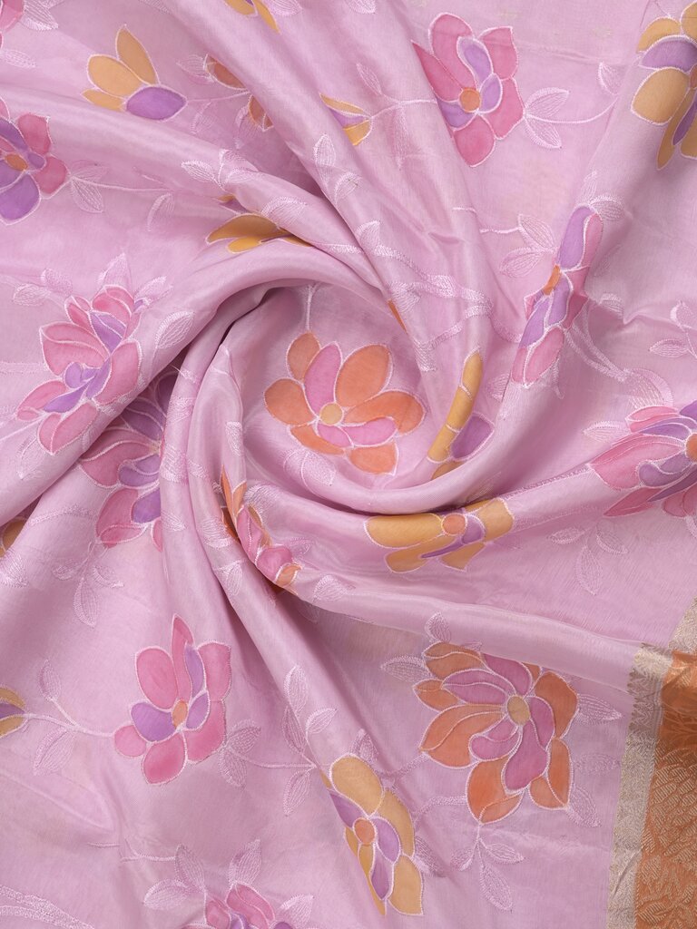 Dupion fancy floral printed saree with zari border and attached plain blouse