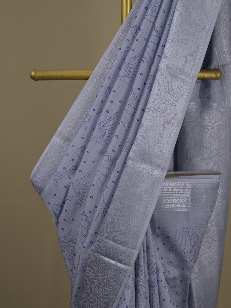 Mangalagiri fancy saree grey color allover prints & zari border with rich pallu and plain blouse
