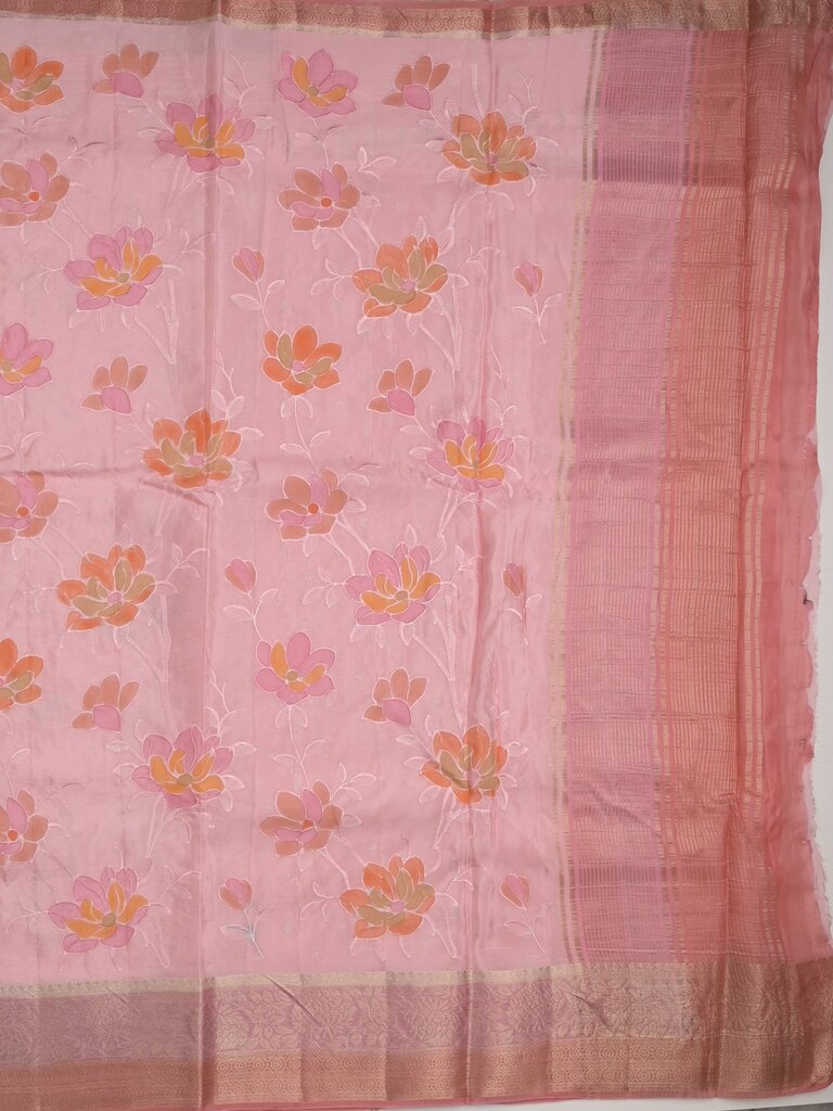 Dupion fancy floral printed saree with zari border and attached plain blouse