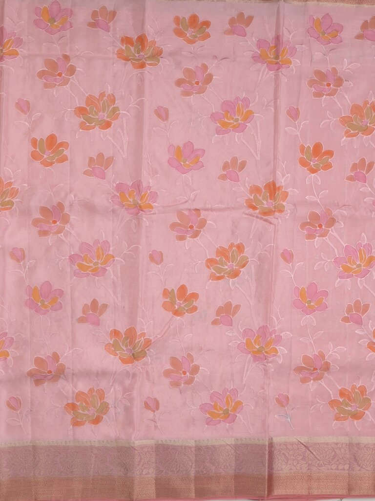 Dupion fancy floral printed saree with zari border and attached plain blouse