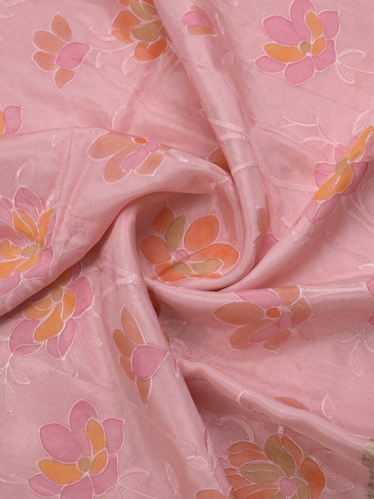 Dupion fancy floral printed saree with zari border and attached plain blouse
