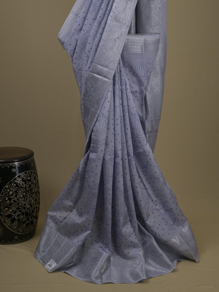 Mangalagiri fancy saree grey color allover prints & zari border with rich pallu and plain blouse