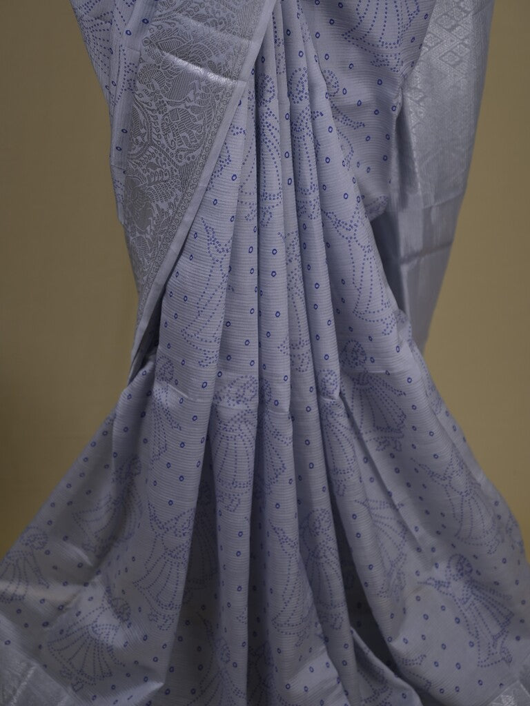 Mangalagiri fancy saree grey color allover prints & zari border with rich pallu and plain blouse