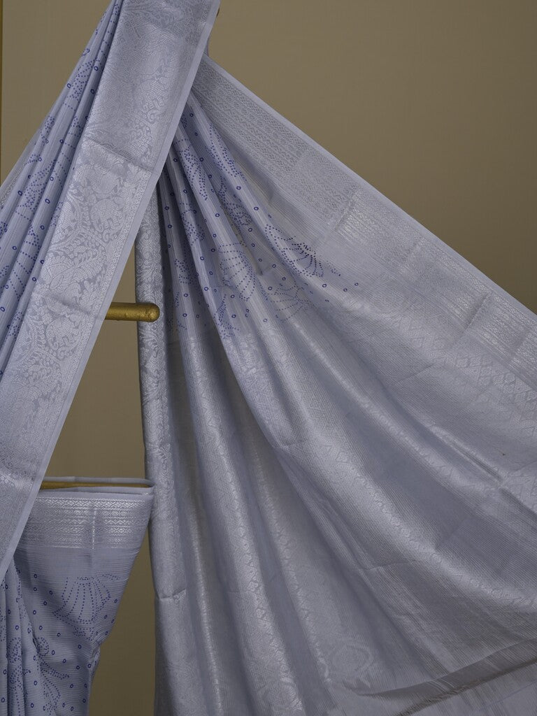 Mangalagiri fancy saree grey color allover prints & zari border with rich pallu and plain blouse