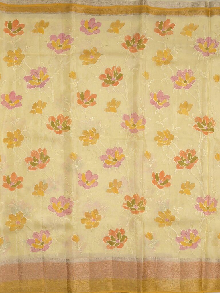 Dupion fancy floral printed saree with zari border and attached plain blouse