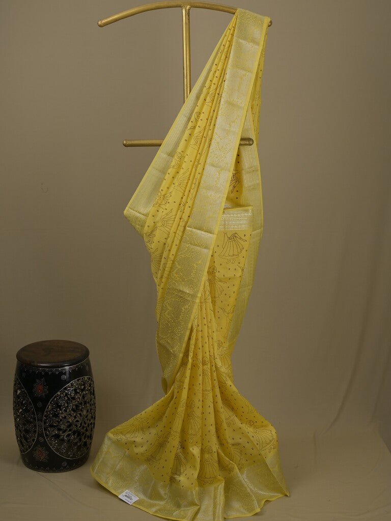 Mangalagiri fancy saree yellow color allover prints & zari border with rich pallu and plain blouse