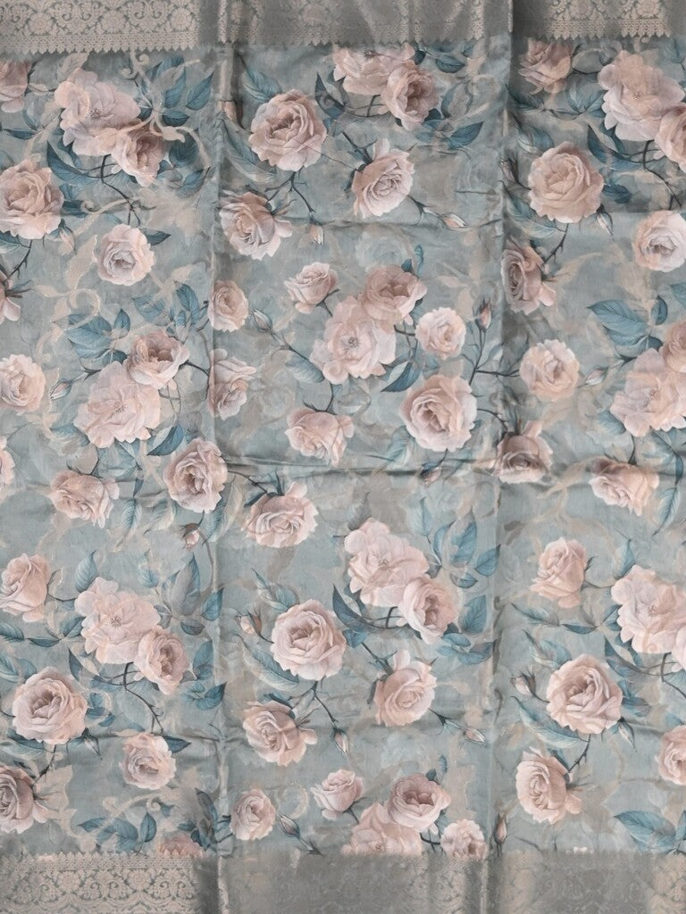 Chanderi fancy saree light blue color allover prints & zari border with rich pallu and printed blouse