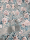 Chanderi fancy saree light blue color allover prints & zari border with rich pallu and printed blouse