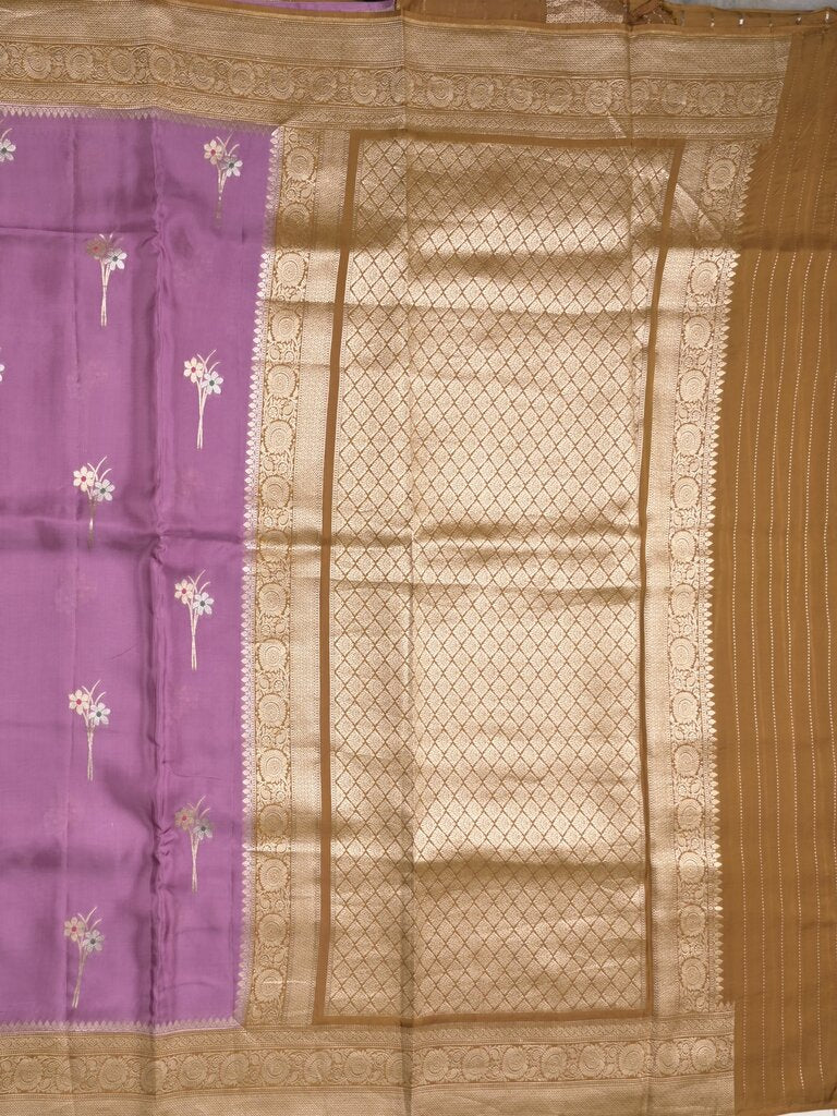 Satin silk fancy sarees allover zari motifs & zari border with plain contrast stripes blouse