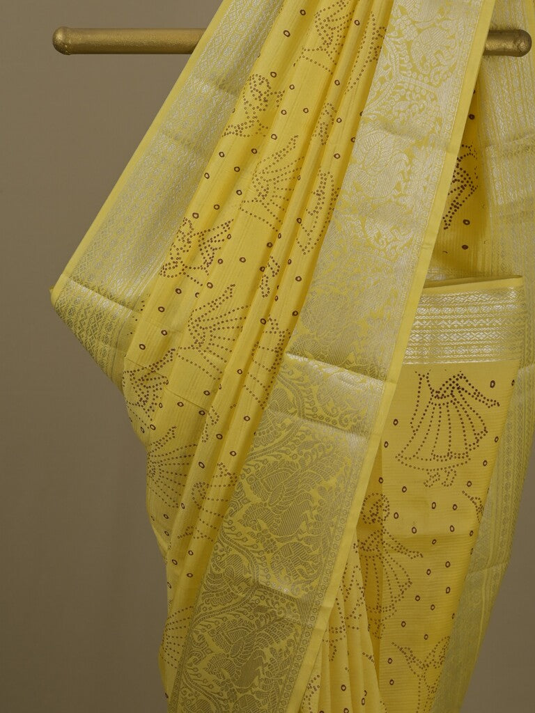 Mangalagiri fancy saree yellow color allover prints & zari border with rich pallu and plain blouse