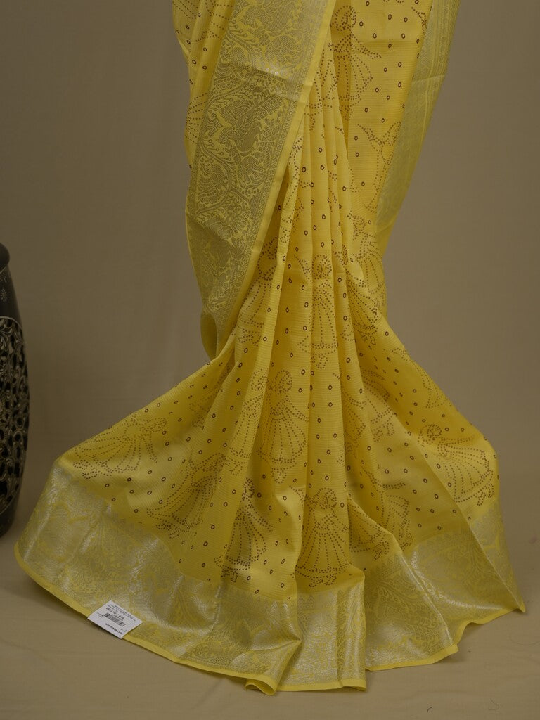 Mangalagiri fancy saree yellow color allover prints & zari border with rich pallu and plain blouse