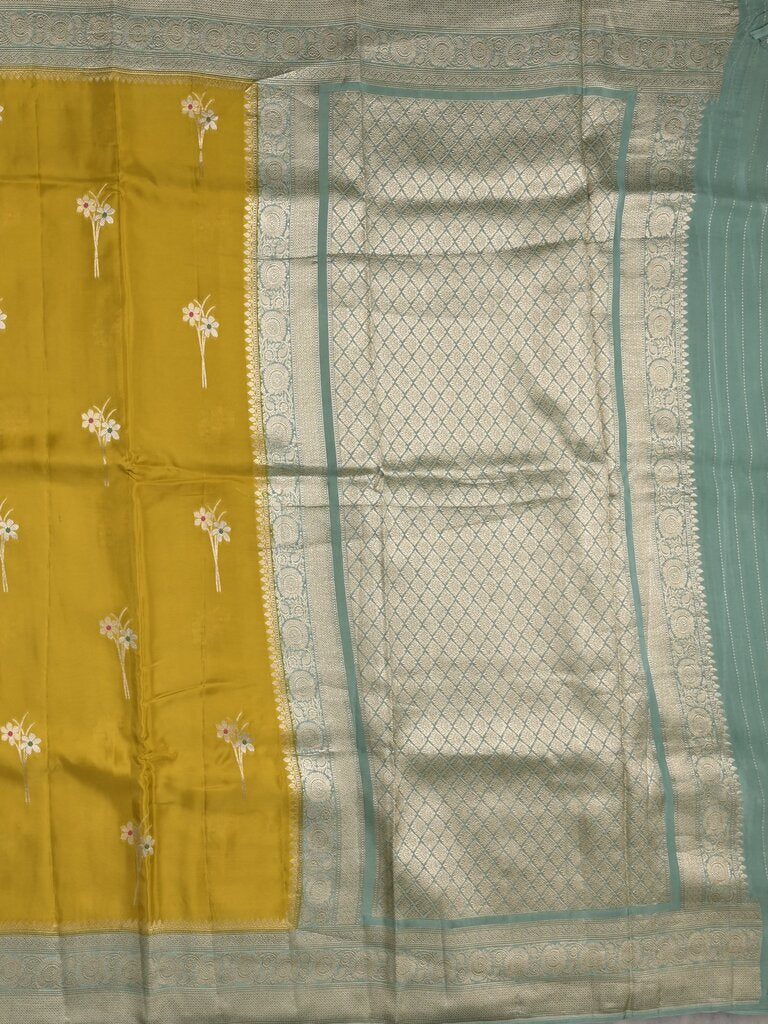 Satin silk fancy sarees allover zari motifs & zari border with plain contrast stripes blouse