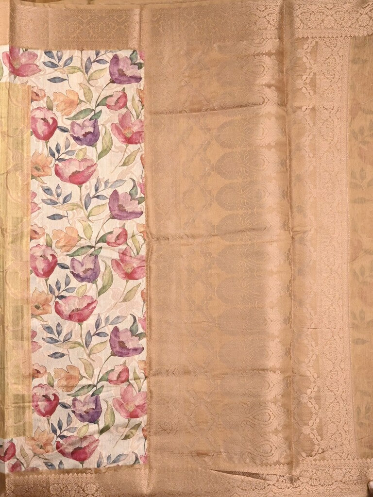 Chanderi fancy saree sandal color allover prints & zari border with rich pallu and contrast printed blouse