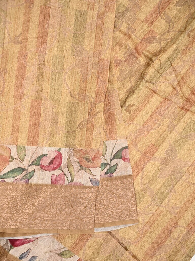 Chanderi fancy saree sandal color allover prints & zari border with rich pallu and contrast printed blouse