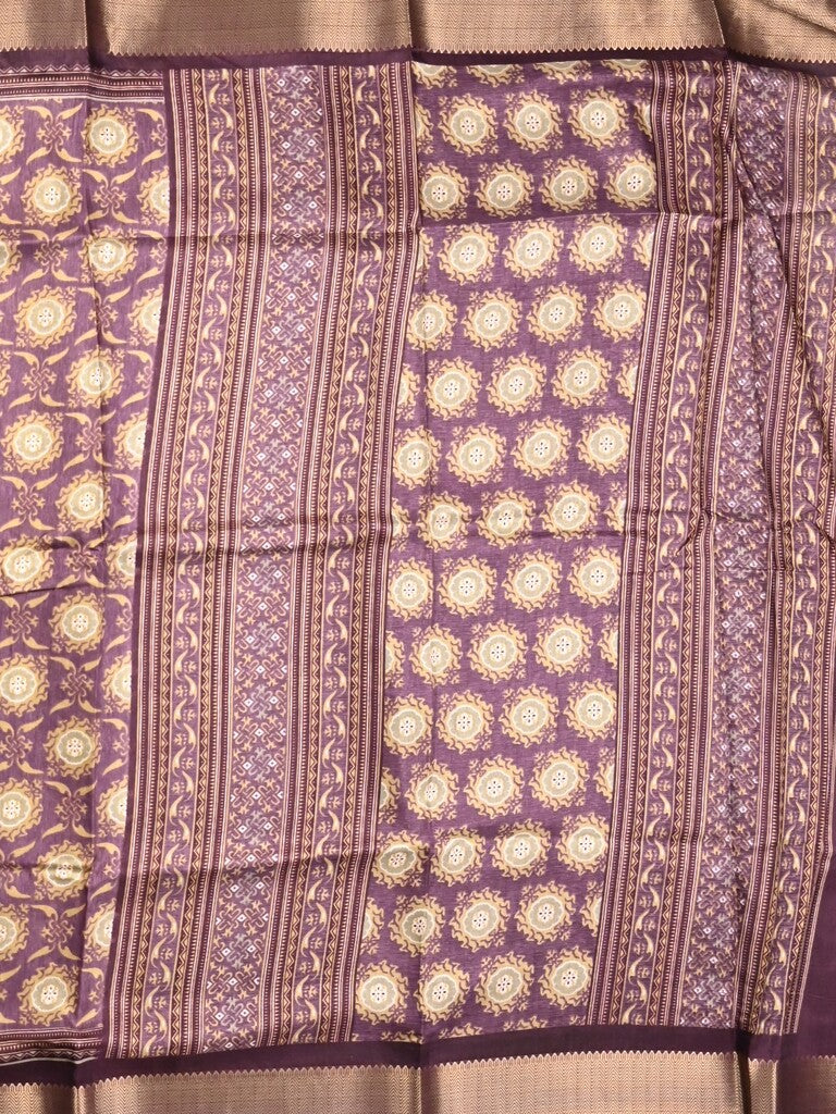 Dola silk fancy saree wine color allover prints & zari border with printed pallu and plain blouse