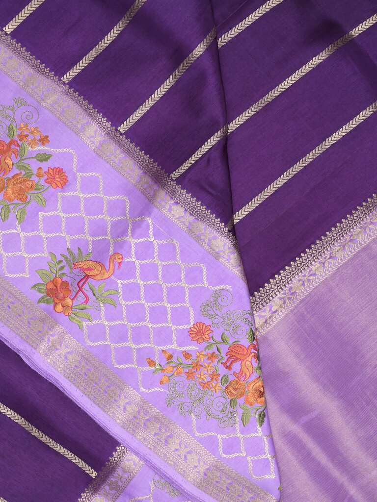 Tabby silk fancy saree allover zari stripes with contrast pallu and attached blouse