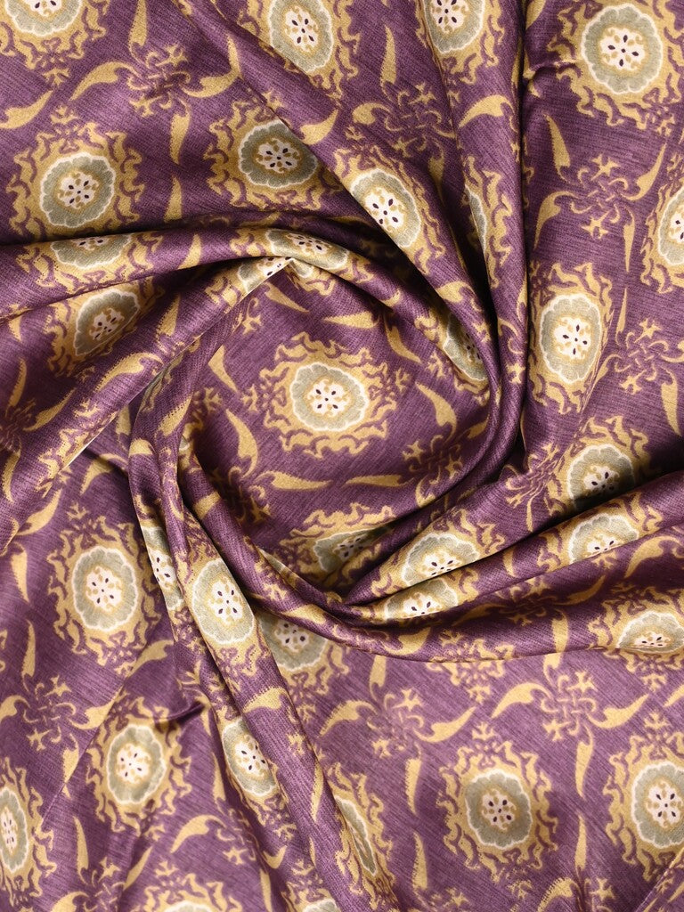 Dola silk fancy saree wine color allover prints & zari border with printed pallu and plain blouse