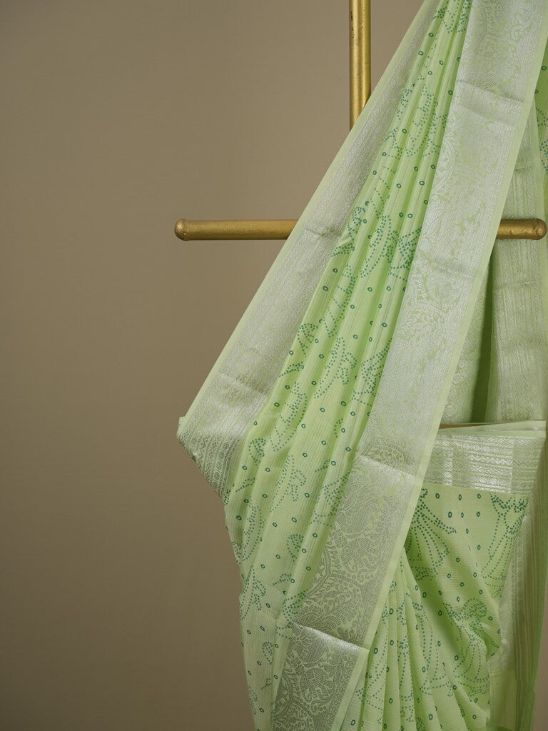 Mangalagiri fancy saree light green color allover prints & zari border with rich pallu and plain blouse