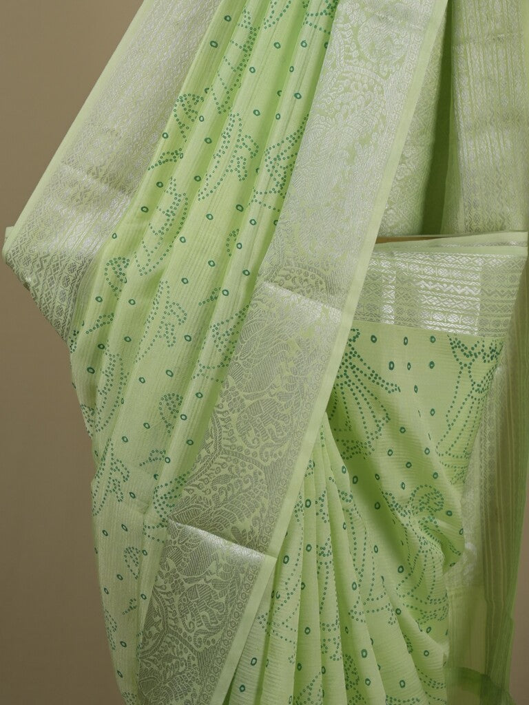 Mangalagiri fancy saree light green color allover prints & zari border with rich pallu and plain blouse