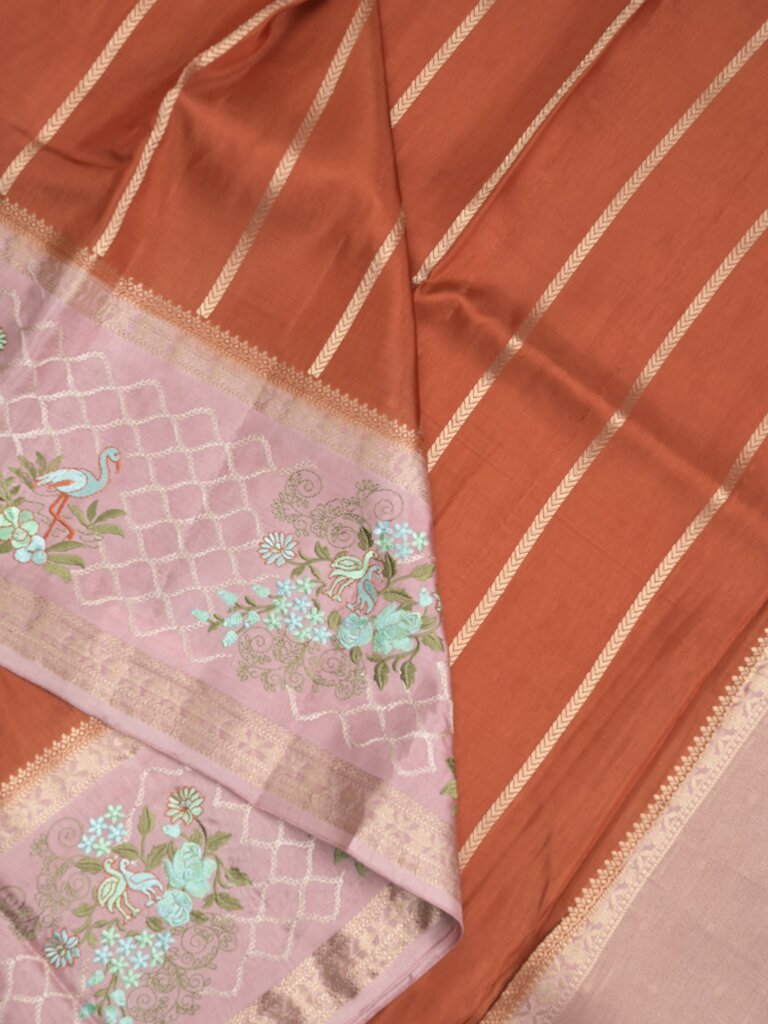 Tabby silk fancy saree allover zari stripes with contrast pallu and attached blouse