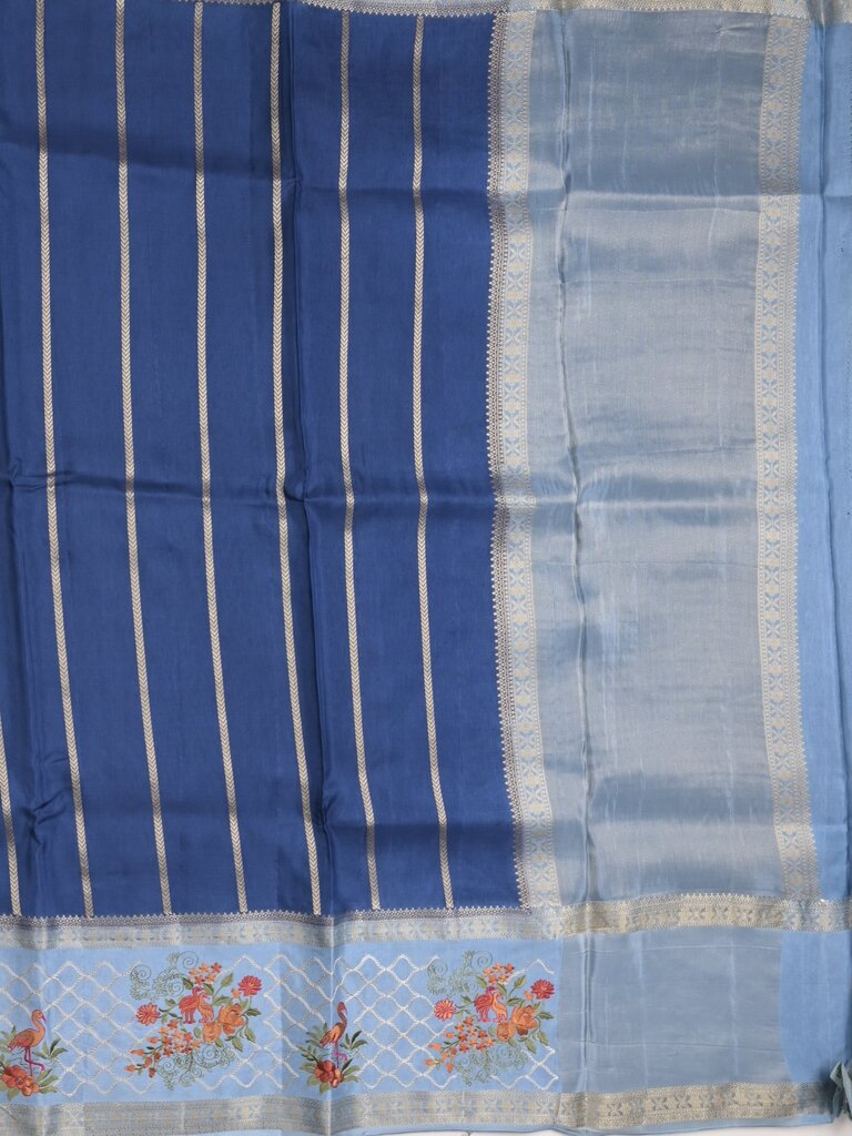 Tabby silk fancy saree allover zari stripes with contrast pallu and attached blouse
