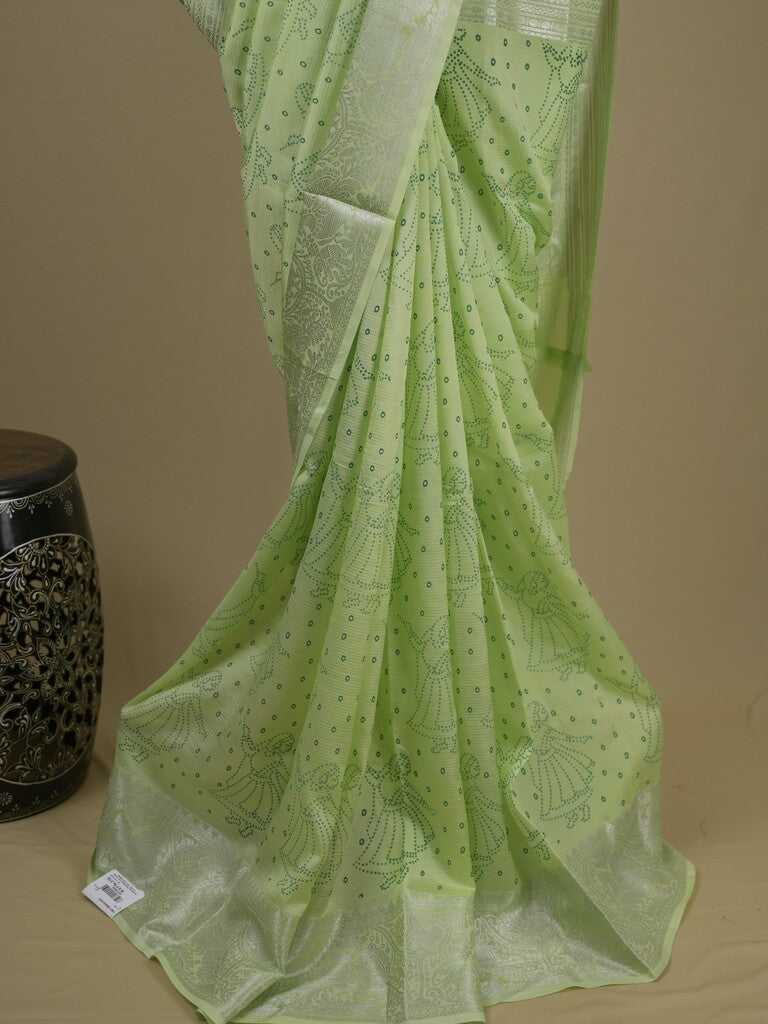 Mangalagiri fancy saree light green color allover prints & zari border with rich pallu and plain blouse